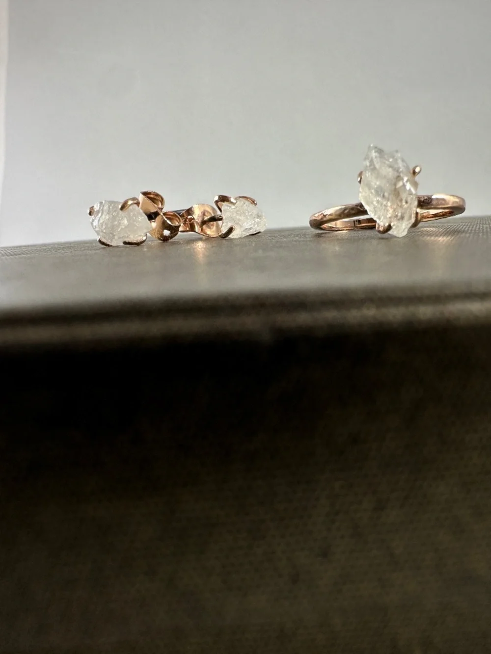Raw Quartz Crystal Ring and Earring Set Boho Organic Solitaire Studs Rose Gold